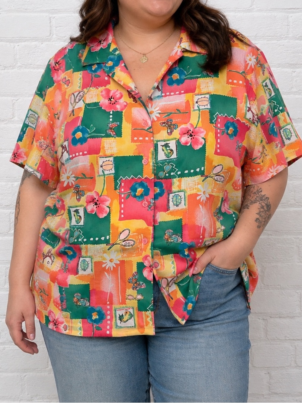 Vintage Napa Valley 1X Colorful Novelty Print Button Down Blouse 90s Cottagecore